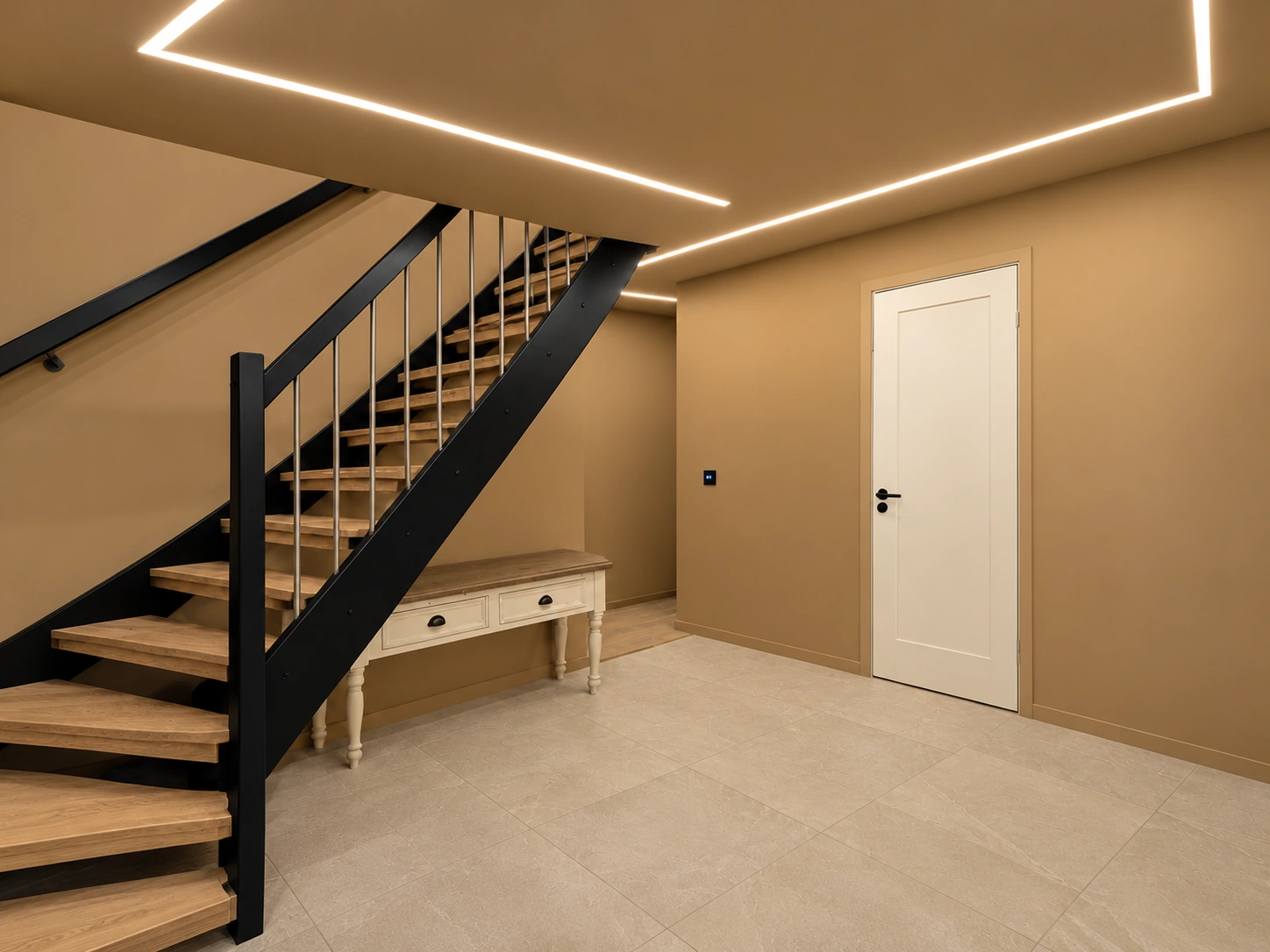 Geometriske LED-lyslinjer i taket ved trappen